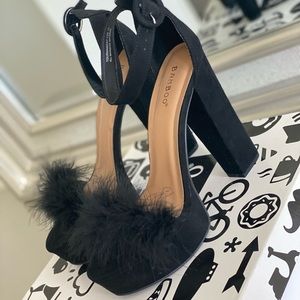 Black Fur Strappy Heel Sandals - New